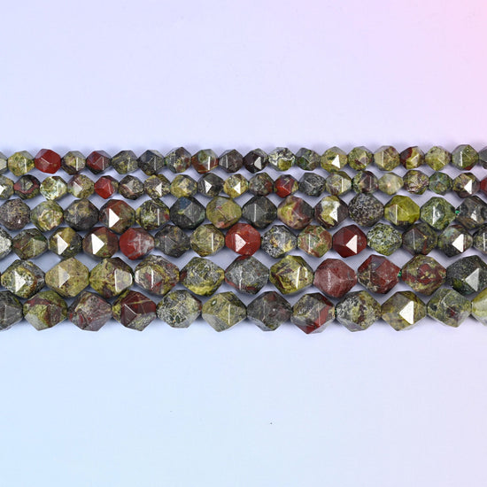 Dragon Bloodstone Beads: Faceted Diamond Star Cut, 6-10mm, 15.5 inch Strand