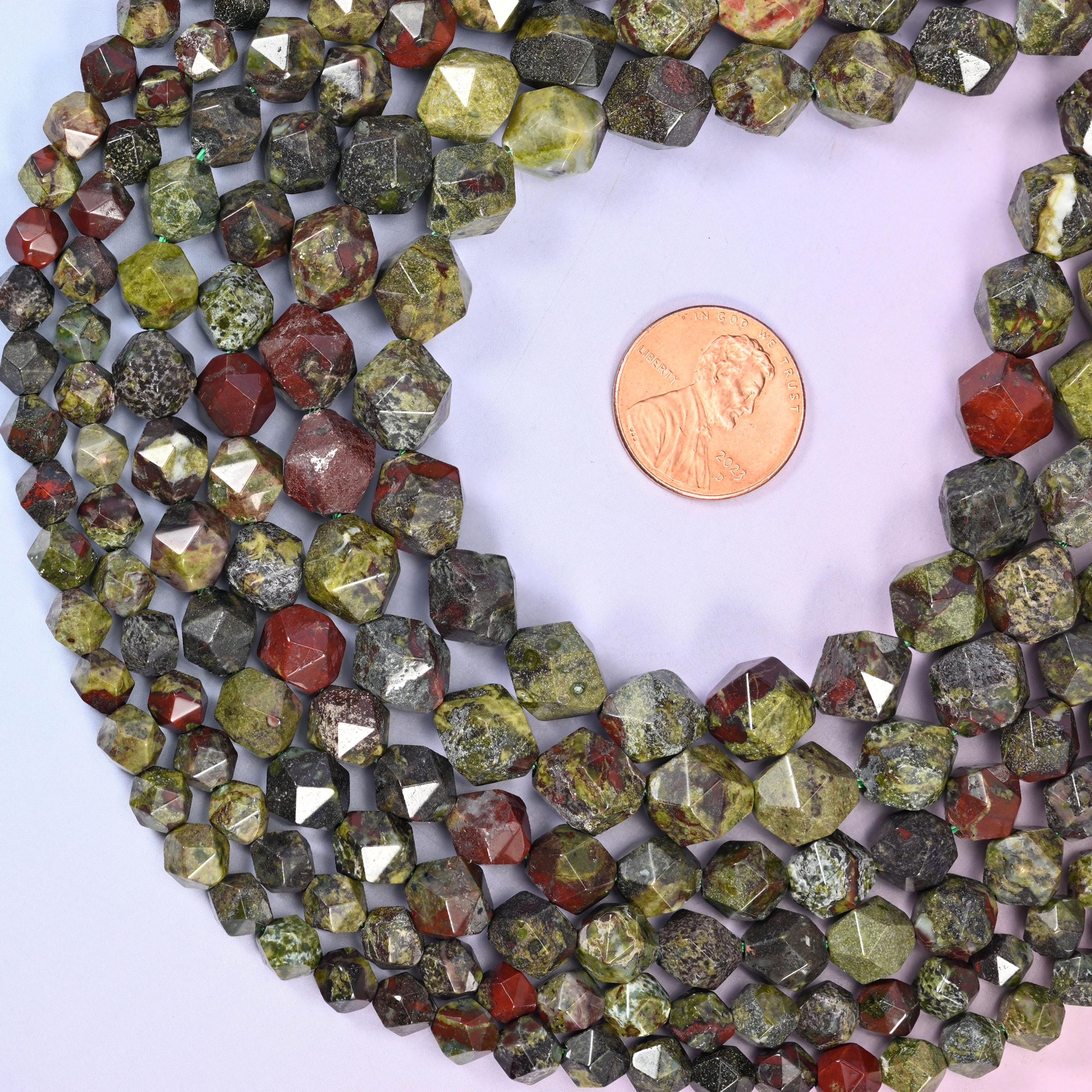 Dragon Bloodstone Beads: Faceted Diamond Star Cut, 6-10mm, 15.5 inch Strand
