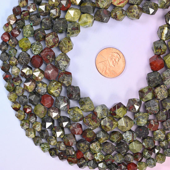 Dragon Bloodstone Beads: Faceted Diamond Star Cut, 6-10mm, 15.5 inch Strand