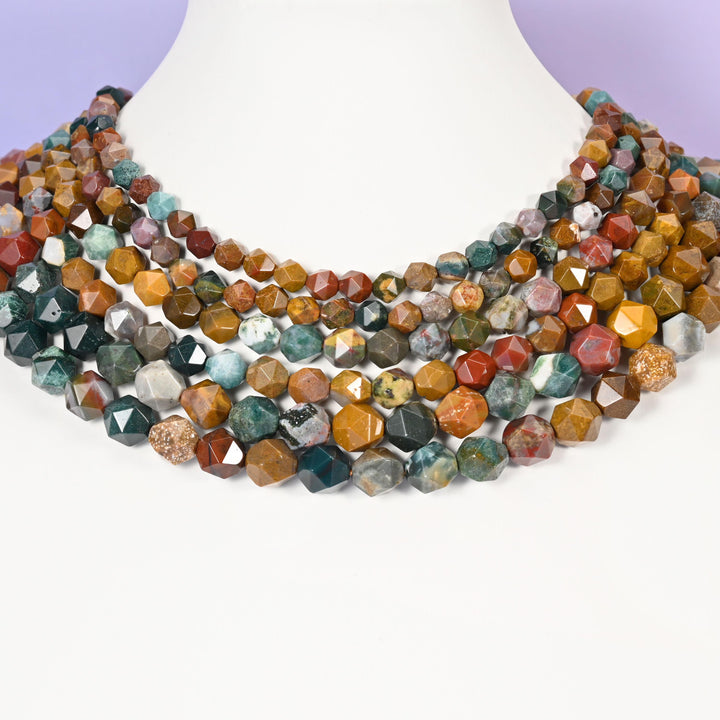 Ocean Agate Beads: Faceted Diamond Star Cut, 6-10mm, 15.5 inch Strand