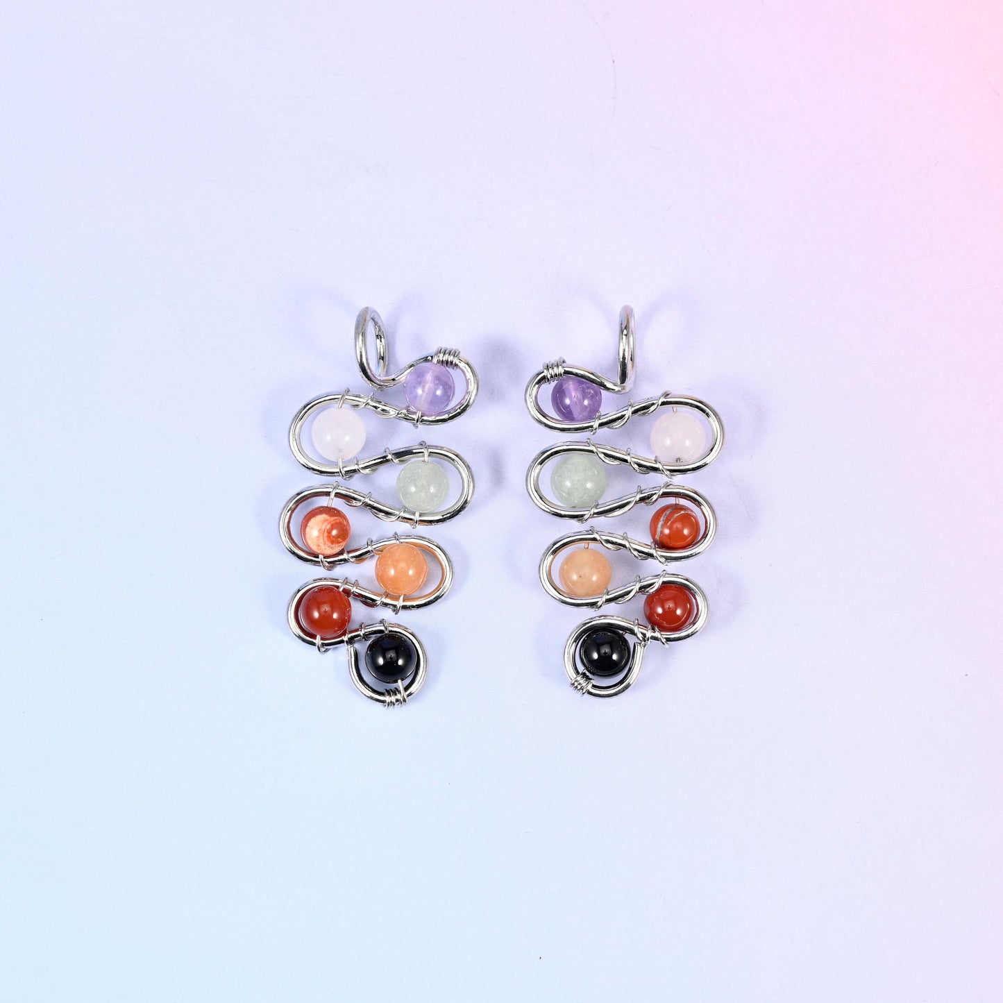 Wired Leaf Mixed Gemstone Swirl Pendants