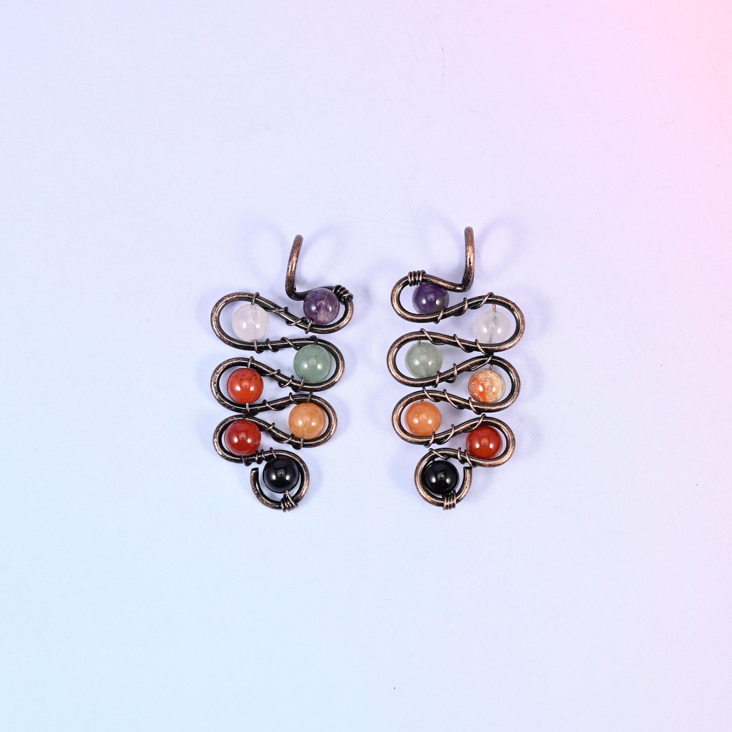 Wired Leaf Mixed Gemstone Swirl Pendants