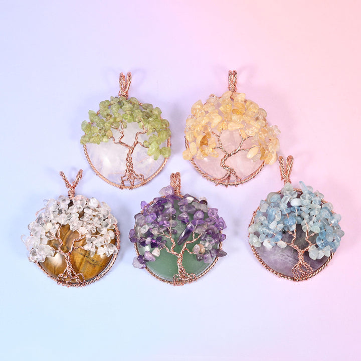 Gemstone Round Pendants with Copper Wired Tree of Life Chip Gemstone