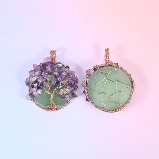Gemstone Round Pendants with Copper Wired Tree of Life Chip Gemstone