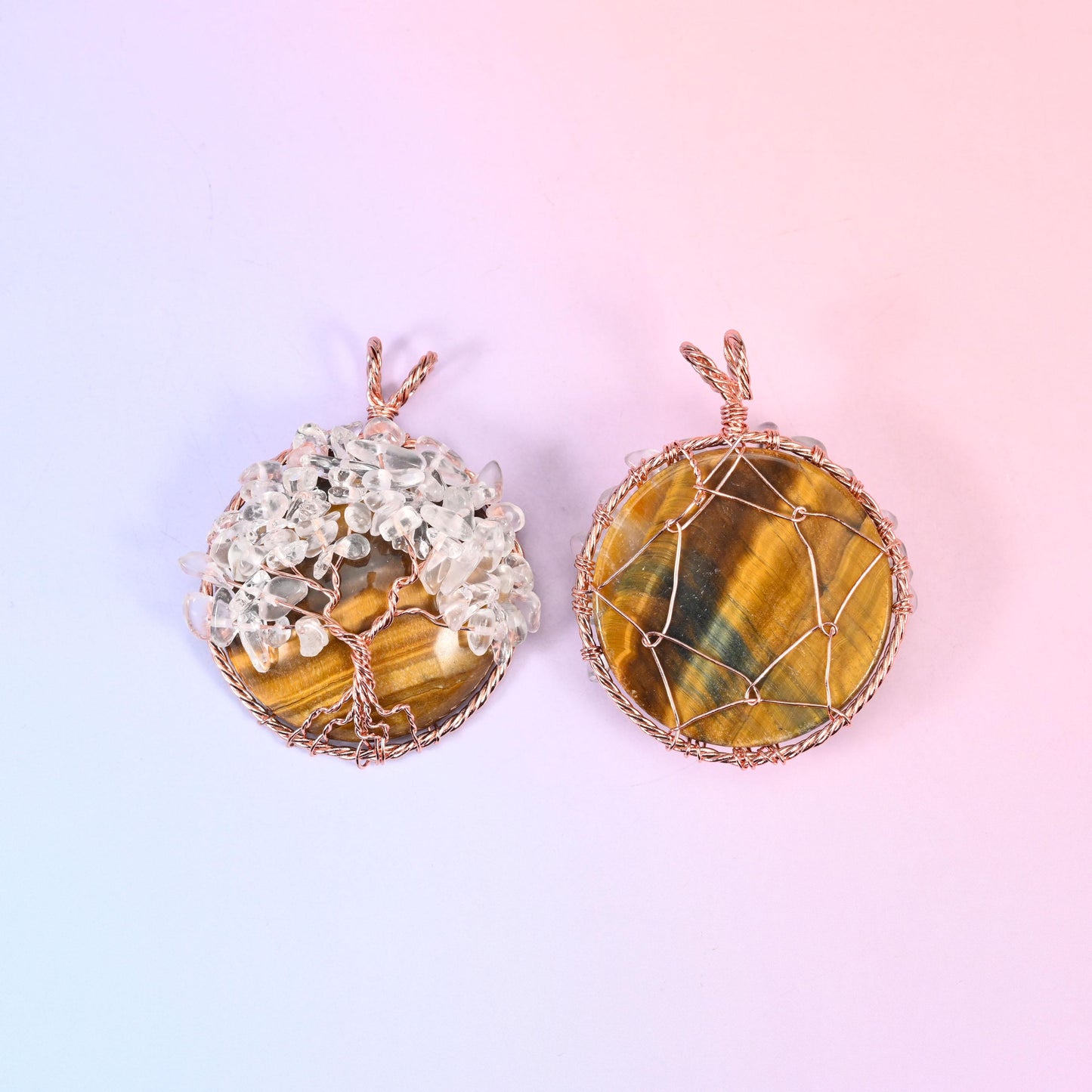 Gemstone Round Pendants with Copper Wired Tree of Life Chip Gemstone