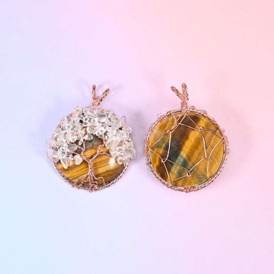 Gemstone Round Pendants with Copper Wired Tree of Life Chip Gemstone