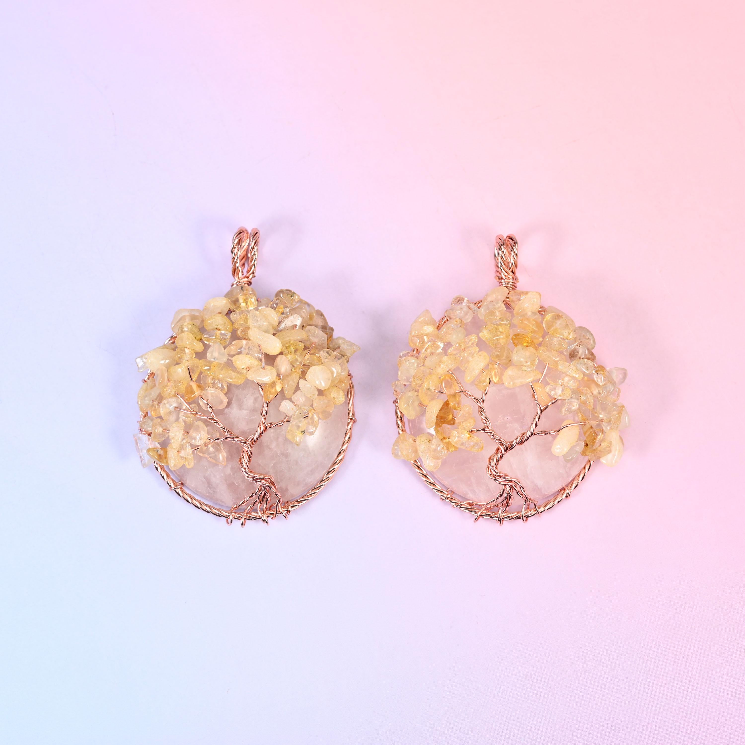 Gemstone Round Pendants with Copper Wired Tree of Life Chip Gemstone