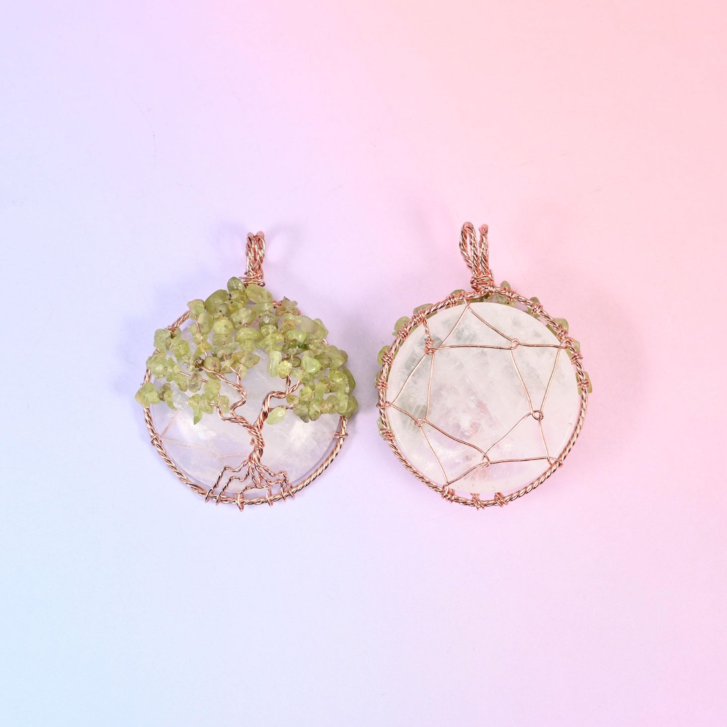 Gemstone Round Pendants with Copper Wired Tree of Life Chip Gemstone