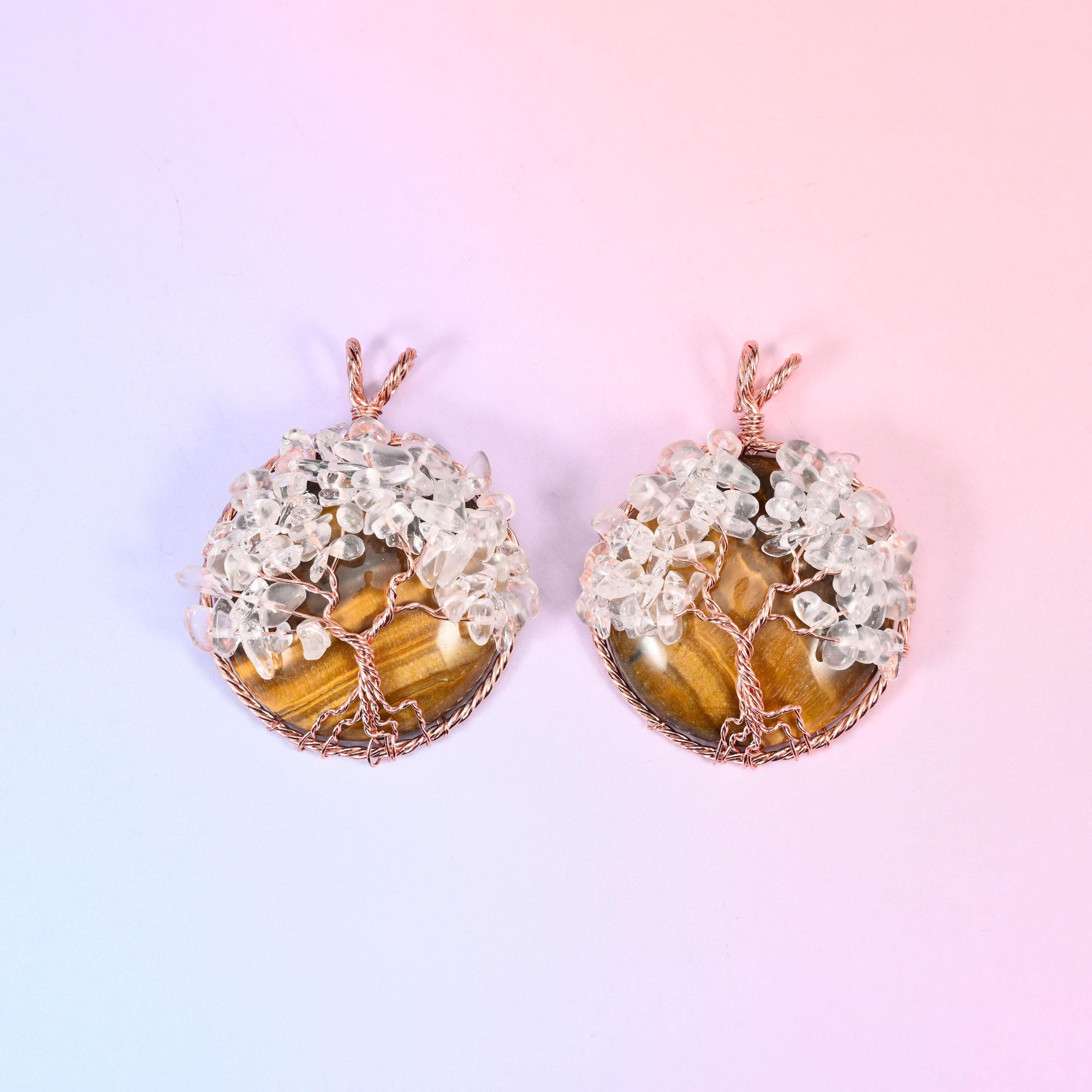 Gemstone Round Pendants with Copper Wired Tree of Life Chip Gemstone