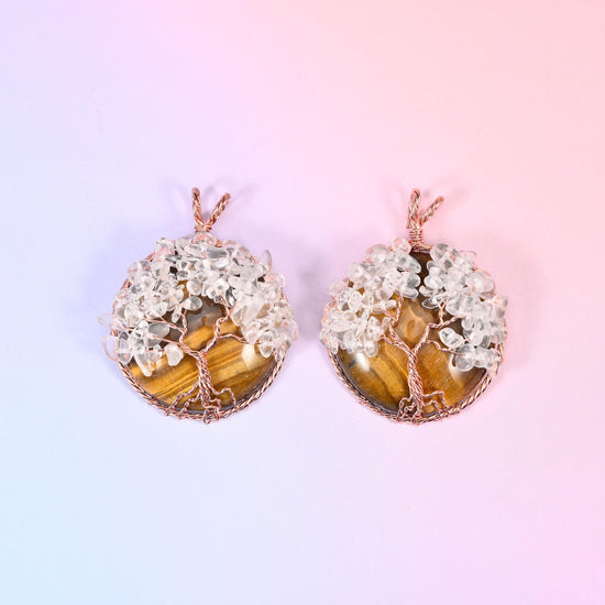 Gemstone Round Pendants with Copper Wired Tree of Life Chip Gemstone