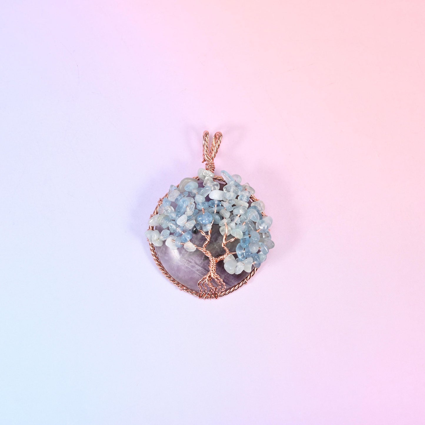 Gemstone Round Pendants with Copper Wired Tree of Life Chip Gemstone
