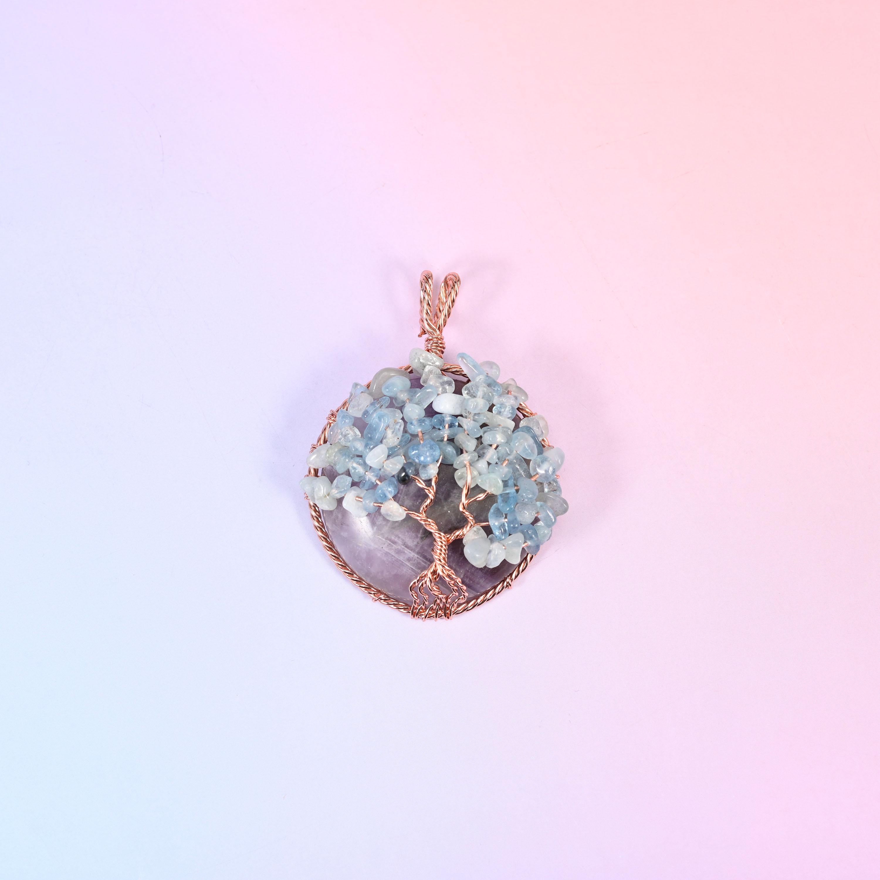 Gemstone Round Pendants with Copper Wired Tree of Life Chip Gemstone
