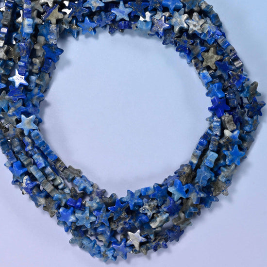 Lapis Lazuli flat star beads, close view of the coiled strands in deep blue with grey marbling