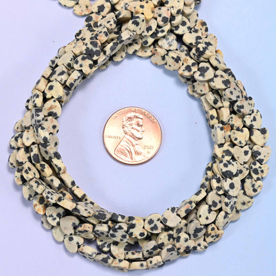 Matte Dalmatian Jasper flat heart bead strands coiled around a US penny for size reference
