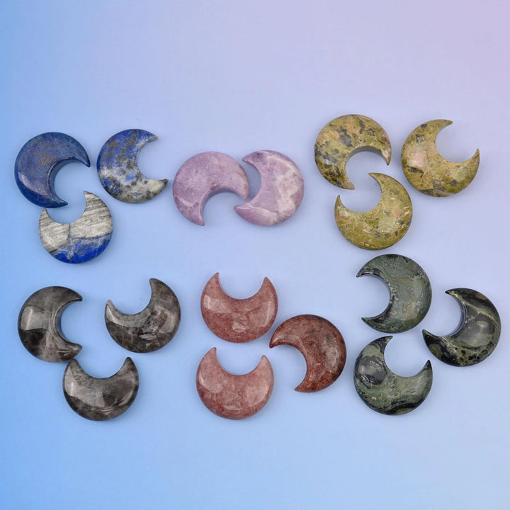 Polished gemstone crescent moon carving, 30x30mm, sold per piece in the stone you select