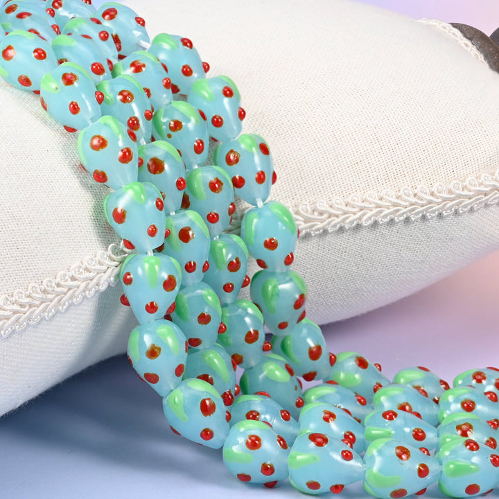 Light Blue Red Dots Strawberry Glass Beads