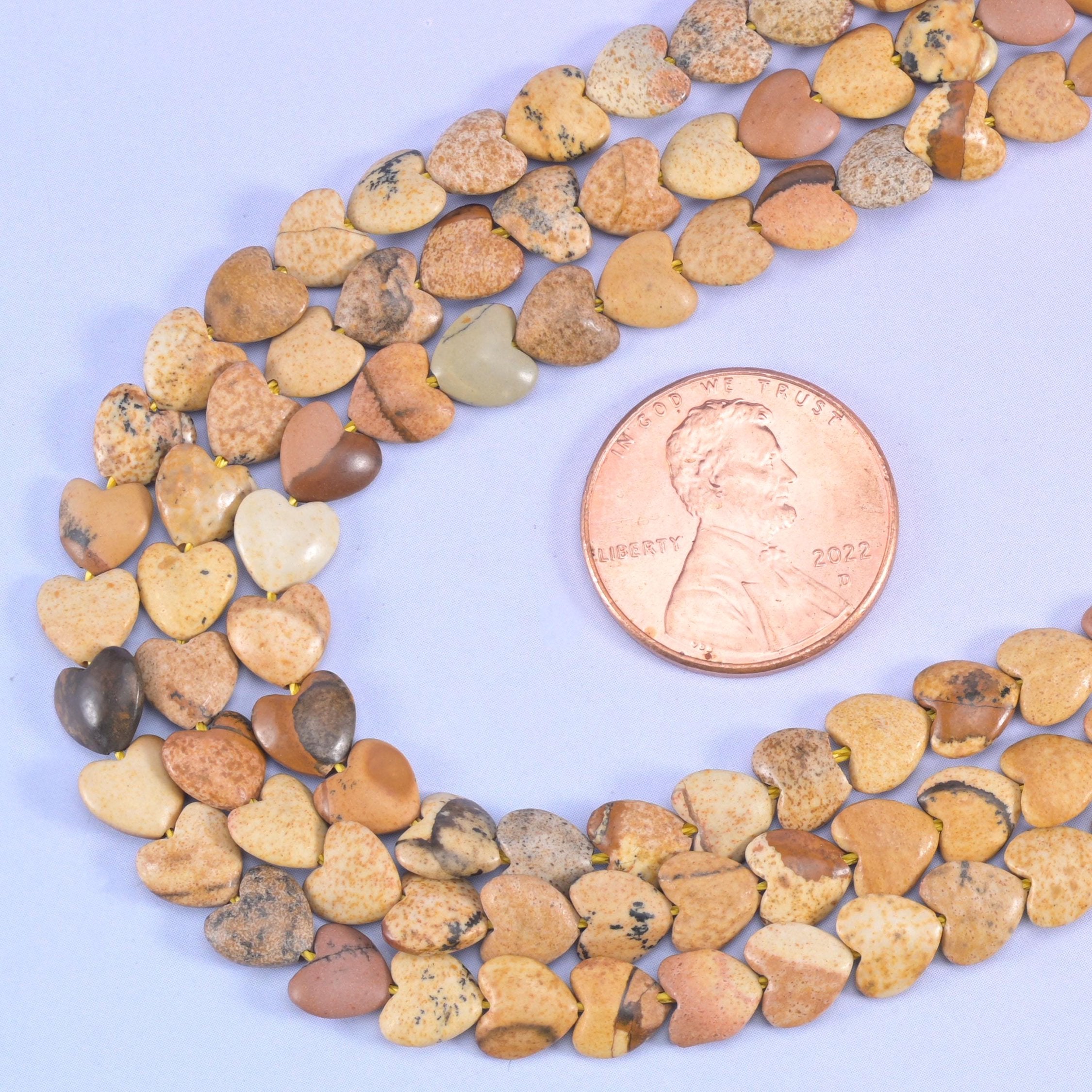 Picture jasper heart beads, 15 inch strand