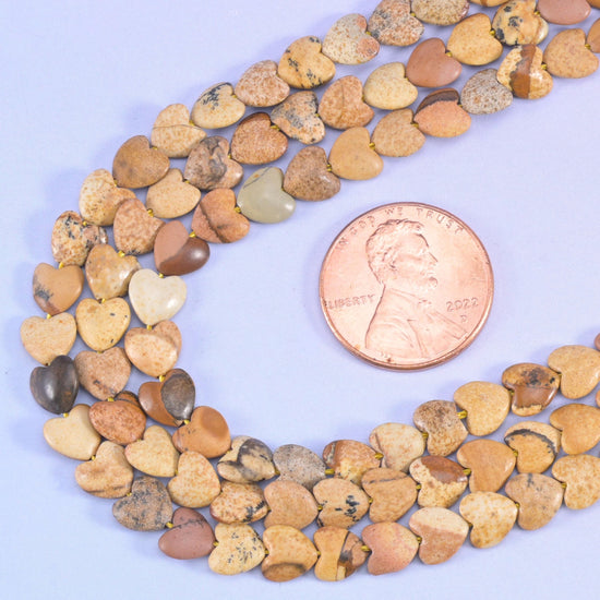 Picture jasper heart beads, 15 inch strand