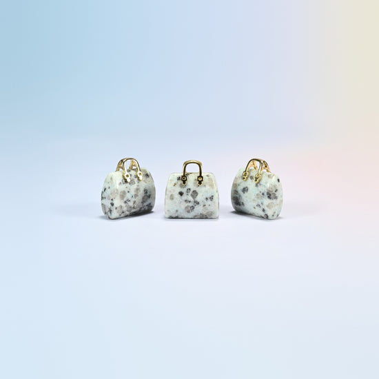 Three kiwi jasper purse crystal carvings, 1 inch, cream and light green natural stone with dark spots, gold-tone handle
