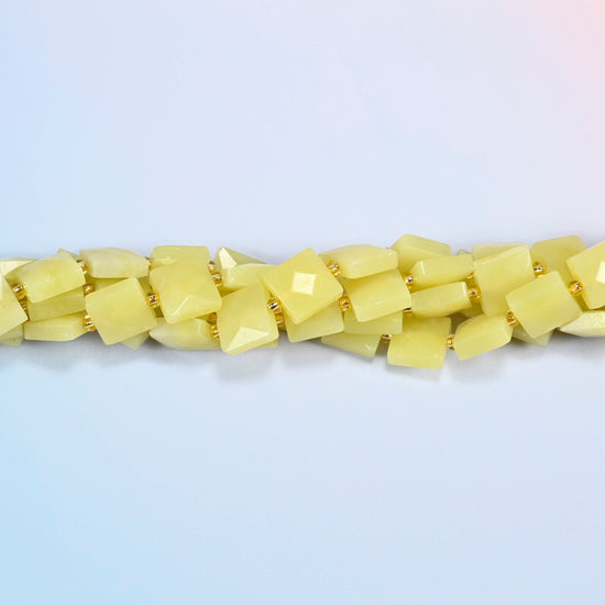 Strands of Lemon Jade faceted flat square beads twisted together in a horizontal row