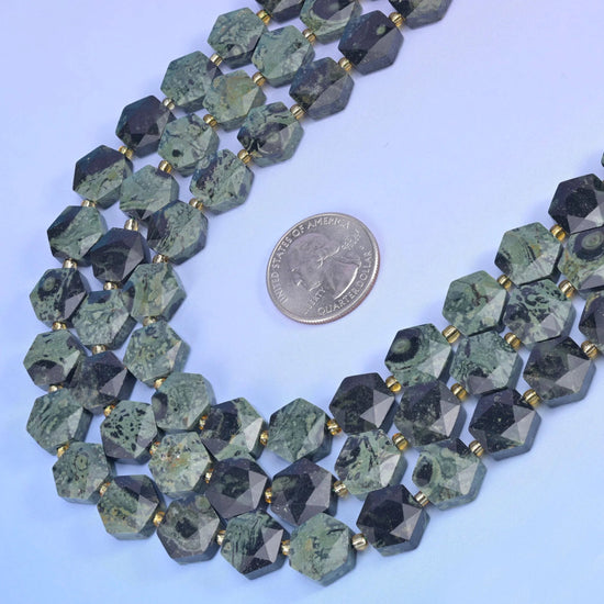 Kambaba Jasper Flat Faceted Hexagon Beads in mossy sage green with charcoal swirls