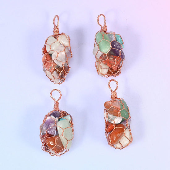 Wire caged tumbled gemstone chip pendant