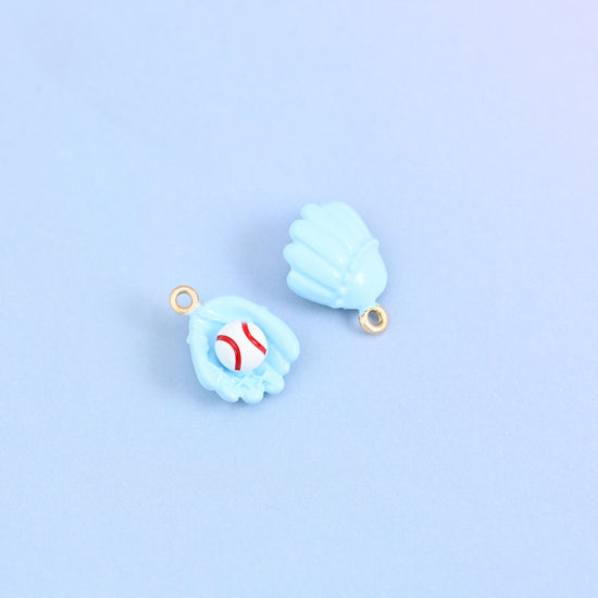 Two light blue baseball glove charms, front and back, white ball with red stitching in the pocket.