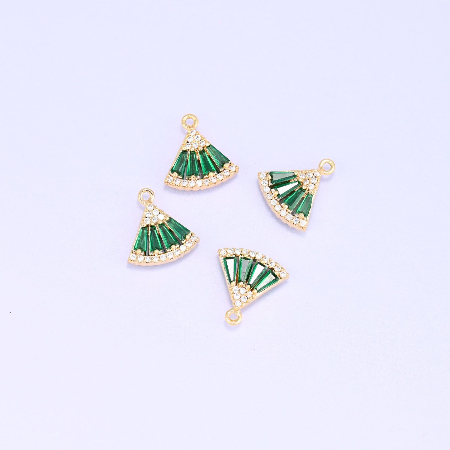 Small gold charms, four gold plated fan charms with green cubic zirconia
