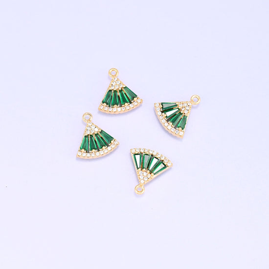 Small gold charms, four gold plated fan charms with green cubic zirconia