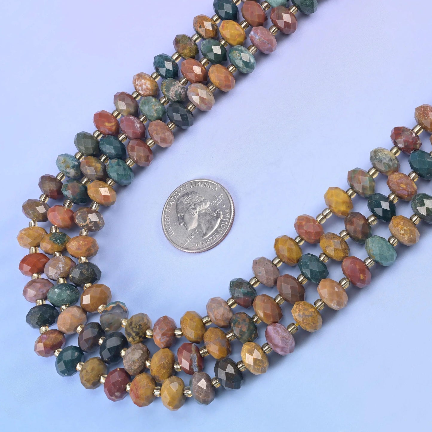 Ocean Agate Faceted Rondelle Beads in seafoam teal, mustard and rust