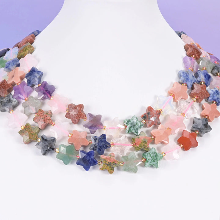 Assorted gemstones beads, faceted five-pointed star, 14mm