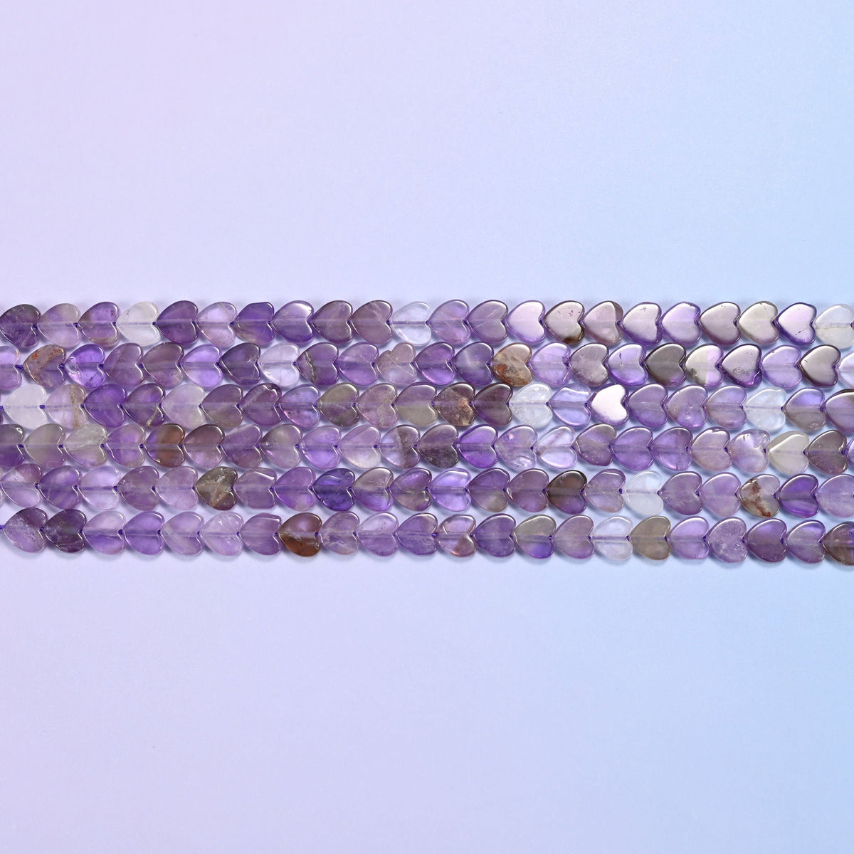Amethyst Flat Heart Beads 6mm in translucent lilac and violet with smoky grey and near-clear