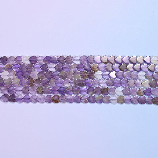 Amethyst Flat Heart Beads 6mm in translucent lilac and violet with smoky grey and near-clear