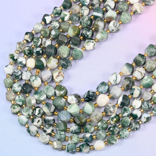 Tree Agate faceted spiral twist beads, 15 inch strand