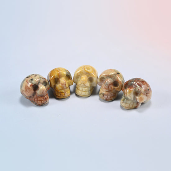 1 inch skull crystal carving in crazy agate, cream and golden natural stone with lace patterns