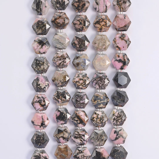 Rhodonite hexagon beads, 15.5 inch strand.