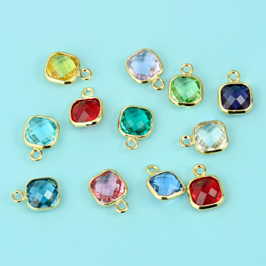 Brass, 18K Gold Filled, and Zircon — lead free and nickel free beads, faceted square cushion in a bezel setting, 9 x 7mm