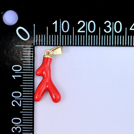 Red Coral Branch Enamel Charms: 18K Gold Plated Pendants, Jewelry Making Supply