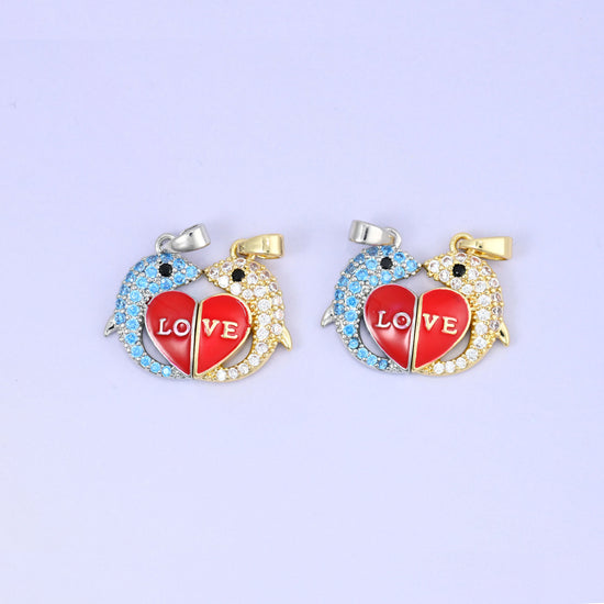 Magnetic Enamel Dolphin Love Zircon Pendants: 18K Gold Plated, Jewelry Making Supply