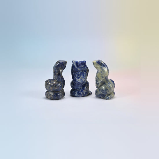 Cobra snake crystal carving in sodalite, deep blue natural stone with white veins