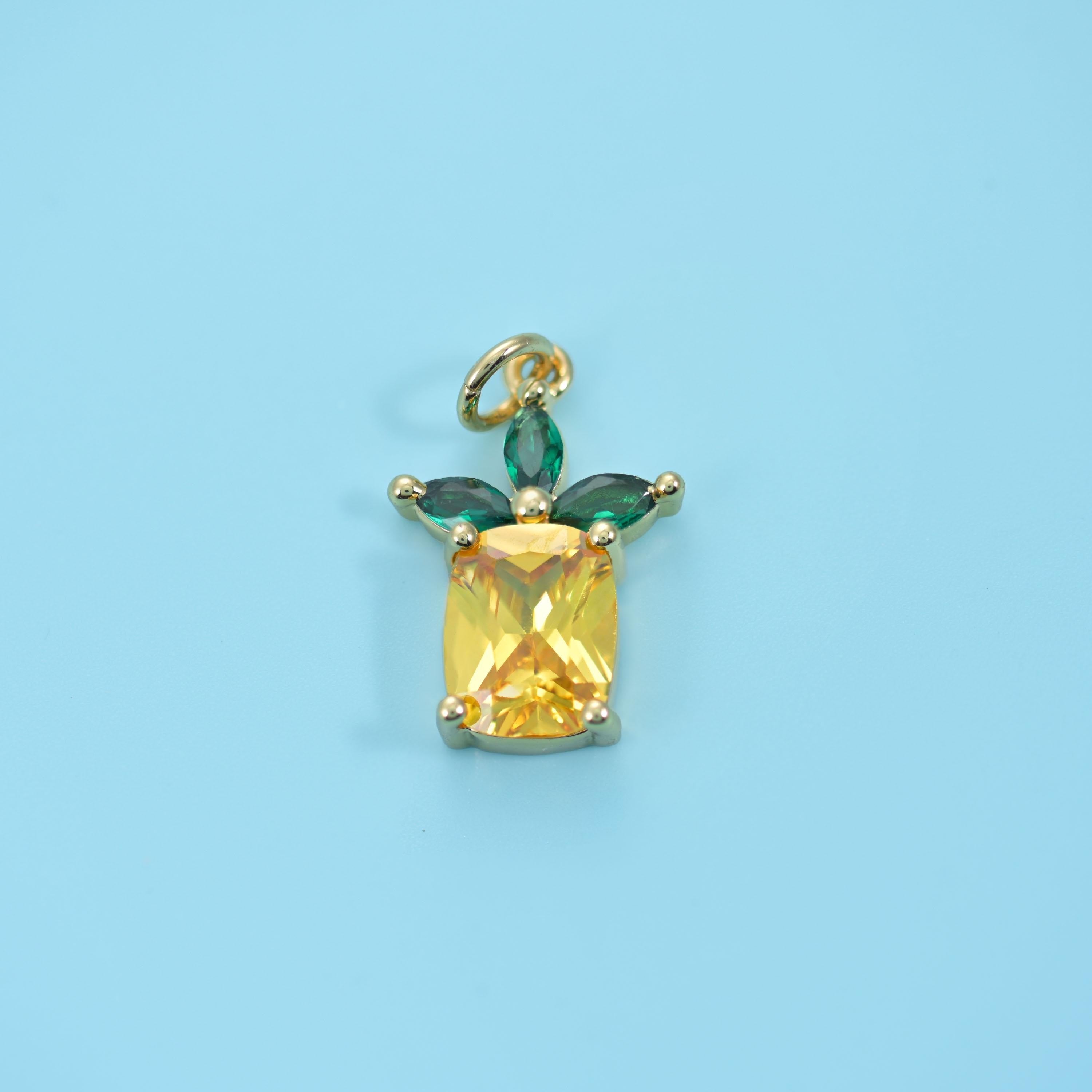 Zircon Pineapple Charms, 18K gold filled brass with yellow and green zircon stones