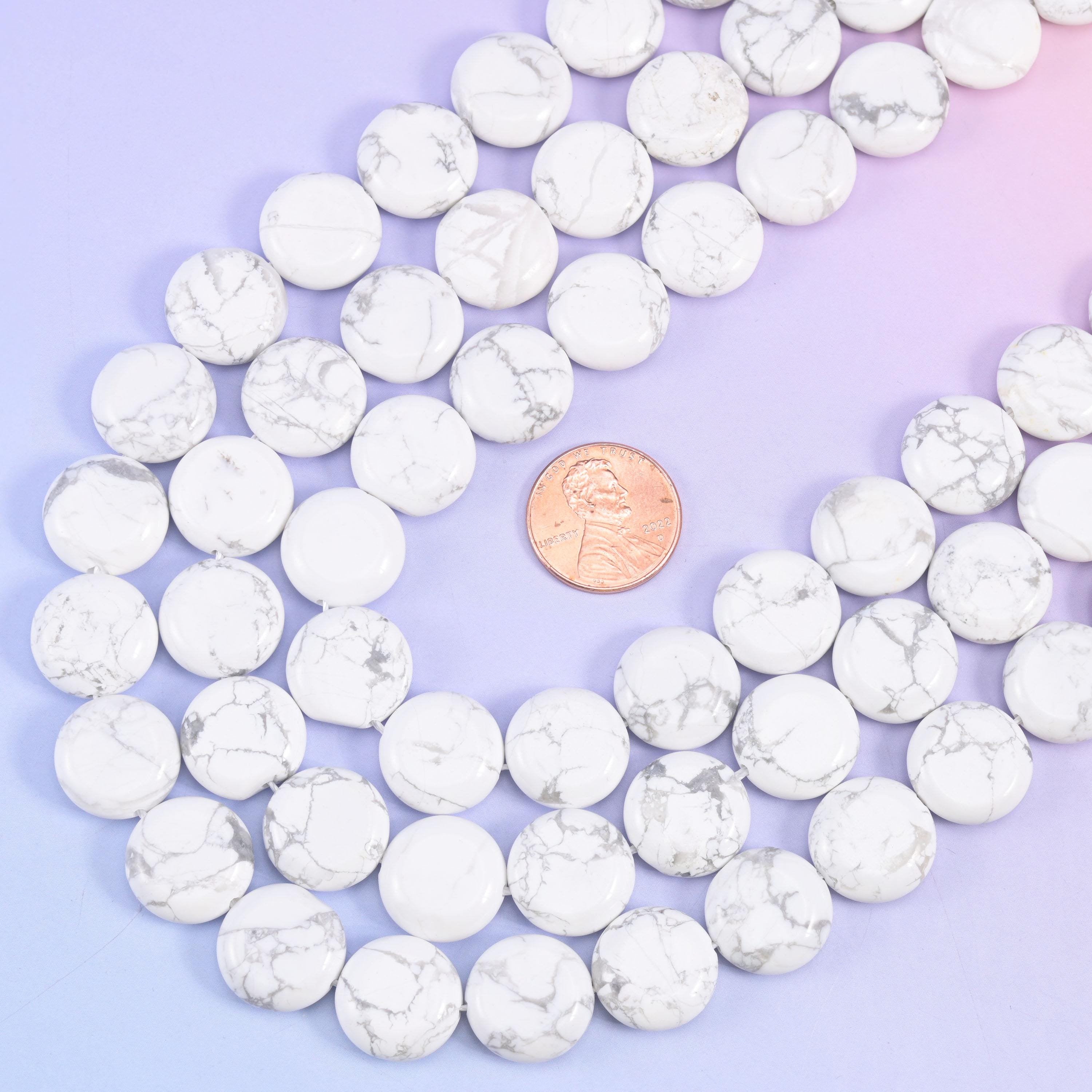 White Howlite smooth coin beads, 15 inch strand