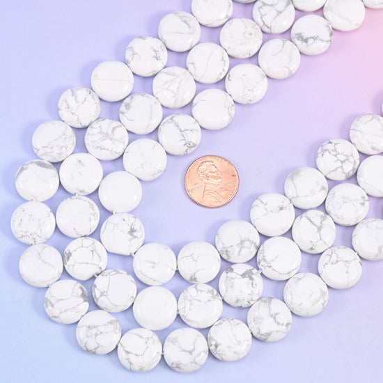 White Howlite smooth coin beads, 15 inch strand