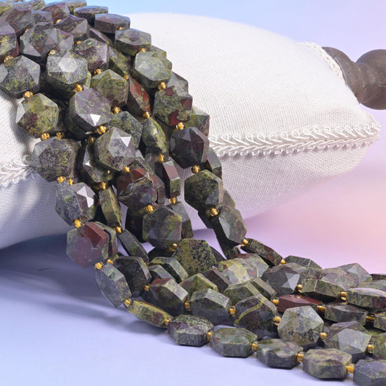 Dragon Bloodstone Flat Faceted Hexagon Beads, natural stone in olive green and oxblood red