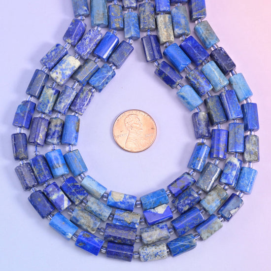 Natural Lapis faceted tube cylinder beads with golden pyrite inclusions