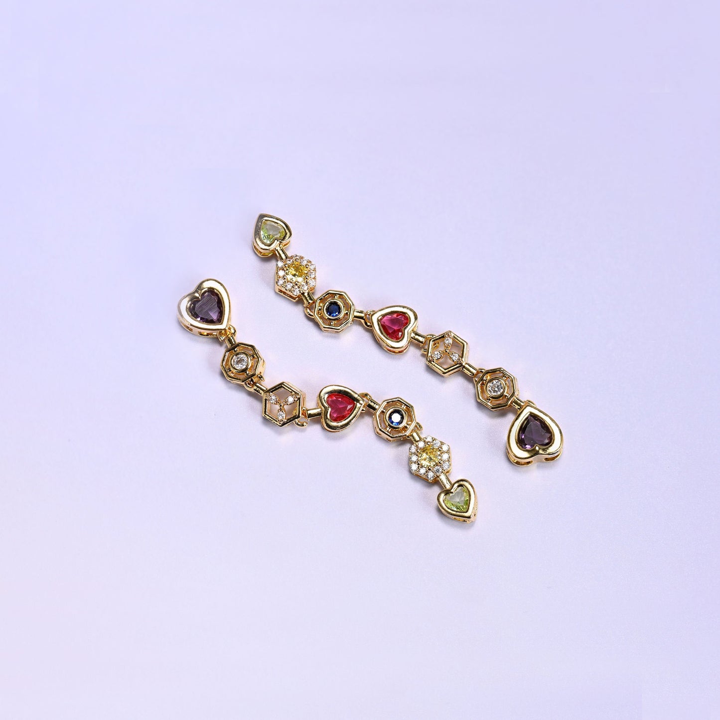 Bezel chain with heart, octagon and hexagon links set with multicolor zircon
