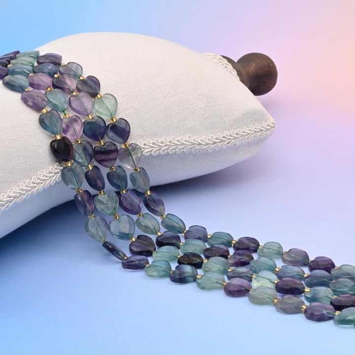 Natural Fluorite faceted heart beads, translucent bands of sea green, aqua and violet