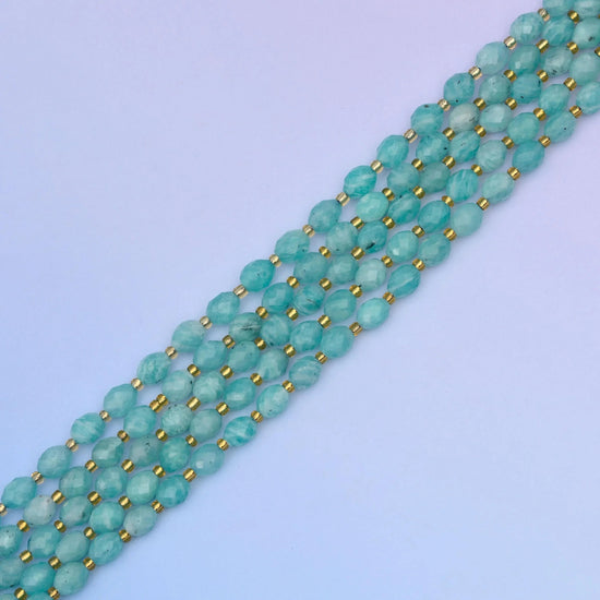 Blue Amazonite rice barrel beads, approximately 39 beads per strand