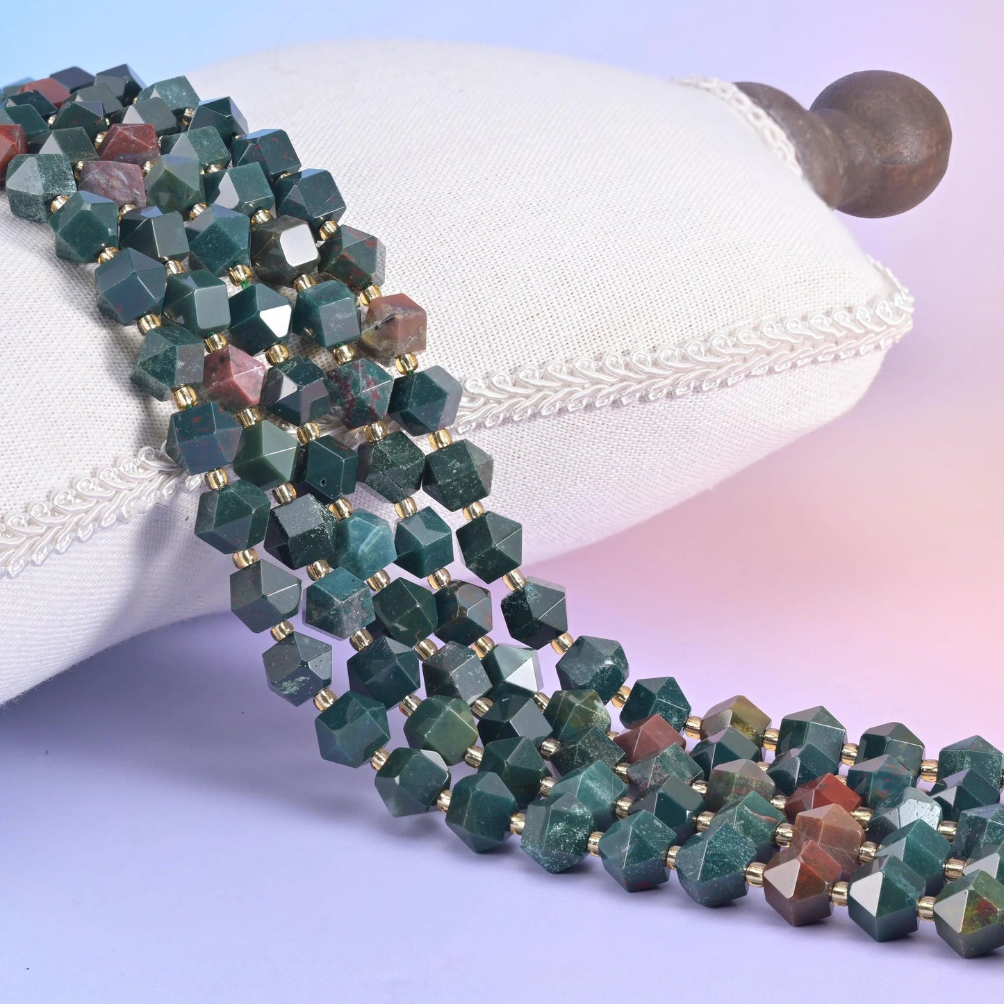 Green Oriental Jasper faceted diamond rhombus beads in deep forest green with brick-red patches