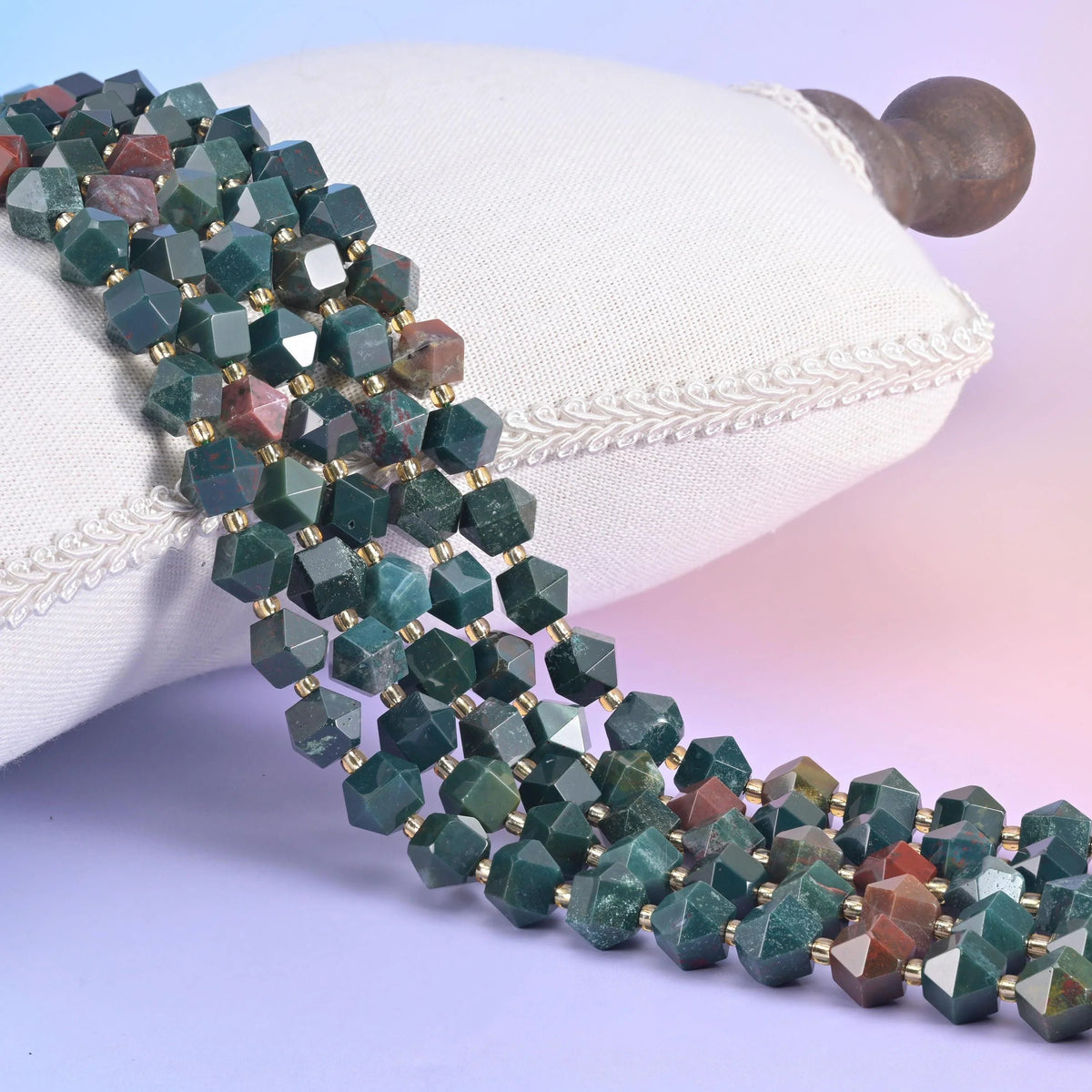 Green Oriental Jasper faceted diamond rhombus beads in deep forest green with brick-red patches